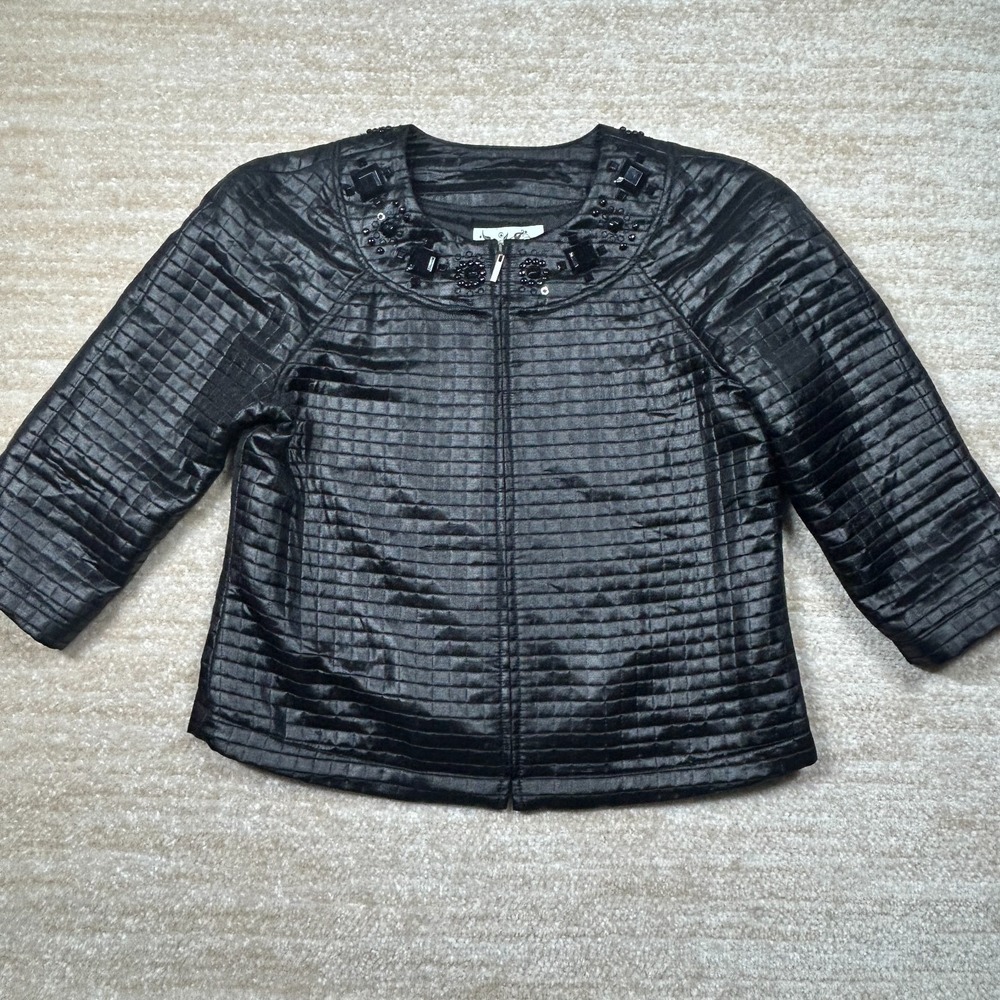 David‎ Brooks Black Quilted Embellished Cropped Jacket Beaded Zip Front Size 10